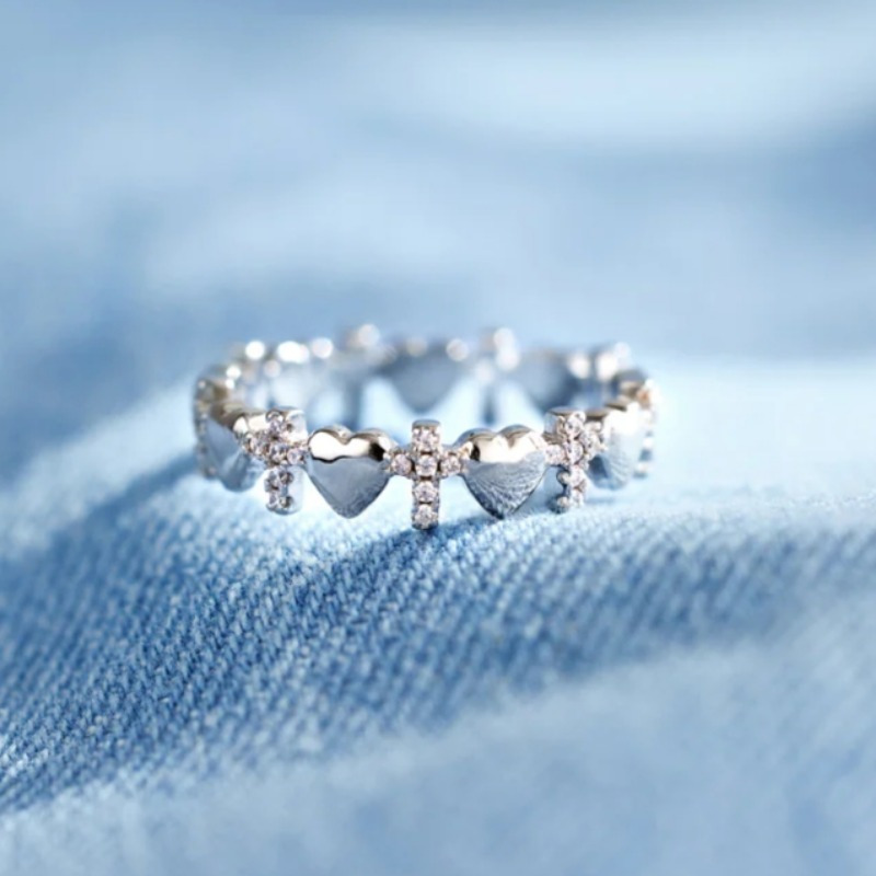 Simple Cross Heart Ring with Synthetic Zirconia